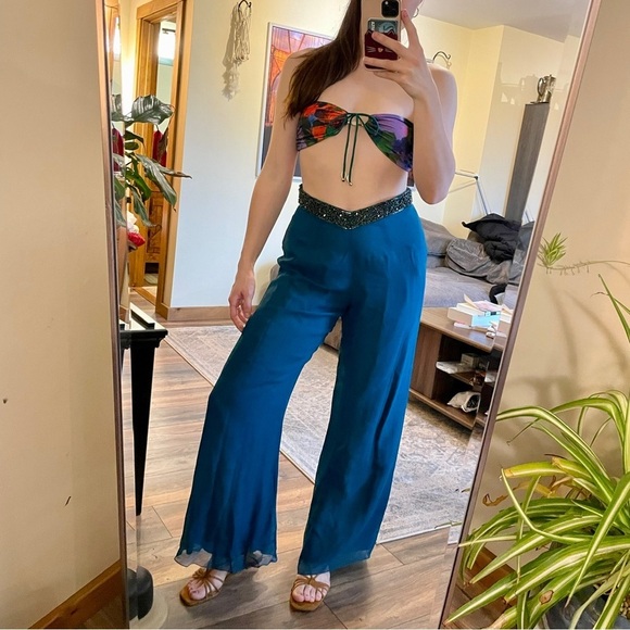 Cassandra Stone Vintage 100% Silk Teal Chiffon Wide Leg Pants with Beaded Waist - Picture 6 of 7